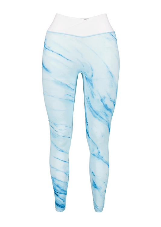 Scrunch butt women activewear leggings with a white waistband and bright turquoise legs front angle mannequin