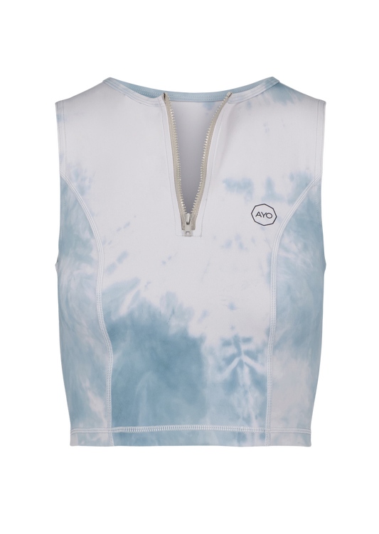 tie dye blue and white cropped half zip up tank top front angle