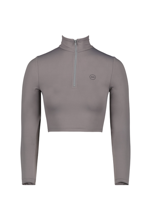 Slate grey cropped zip-up gym top for women front view