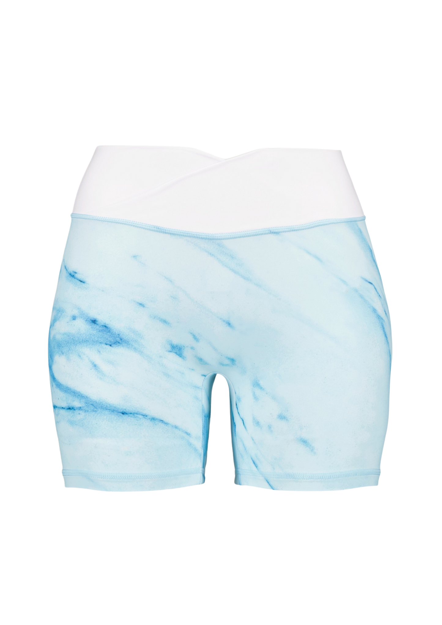 Womens activewear gym shorts bright blue tie dye with a white waistband with a scrunch butt front angle