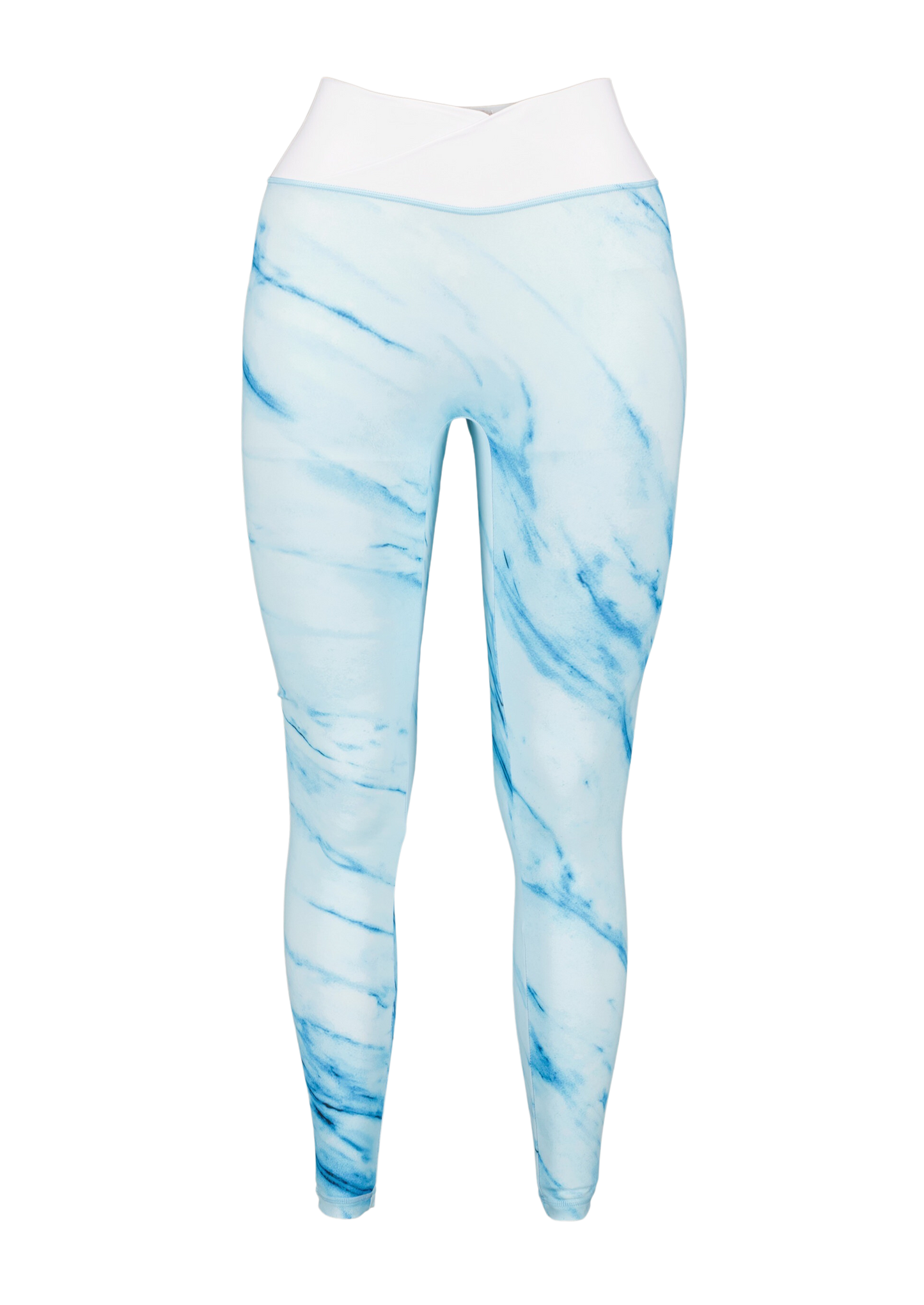 Scrunch butt women activewear leggings with a white waistband and bright turquoise legs front angle mannequin