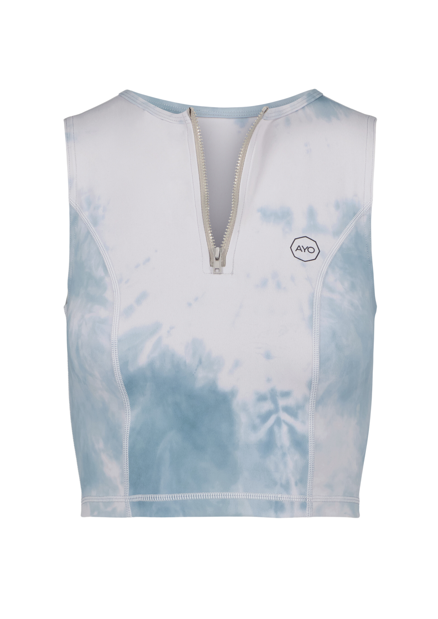 tie dye blue and white cropped half zip up tank top front angle