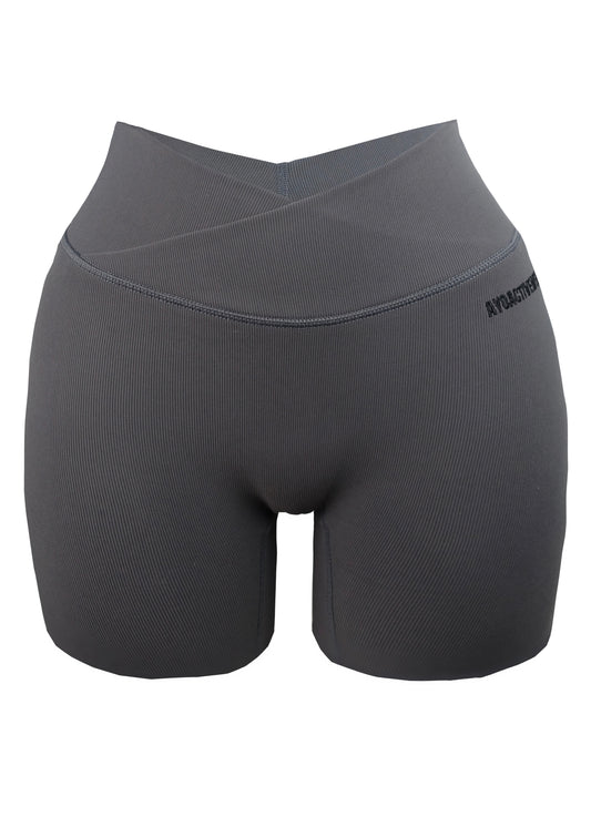 charcoal coloured v-back scrunch shorts v waistband ribbed front angle