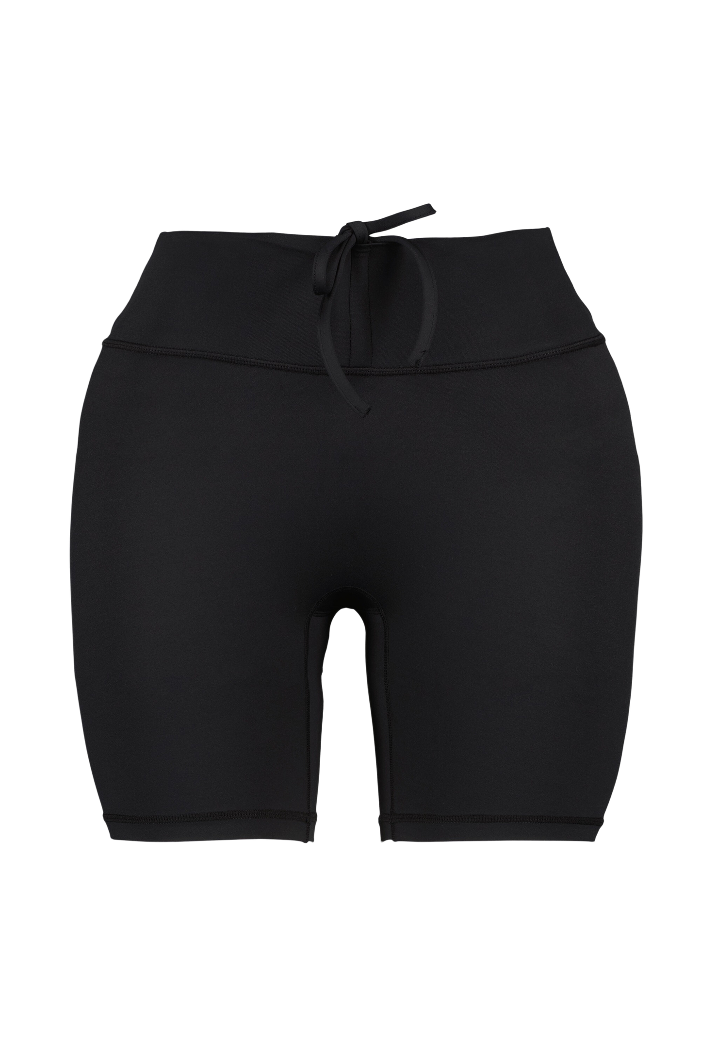 All black womens activewear gym shorts with back pockets and adjustable waistband front angle