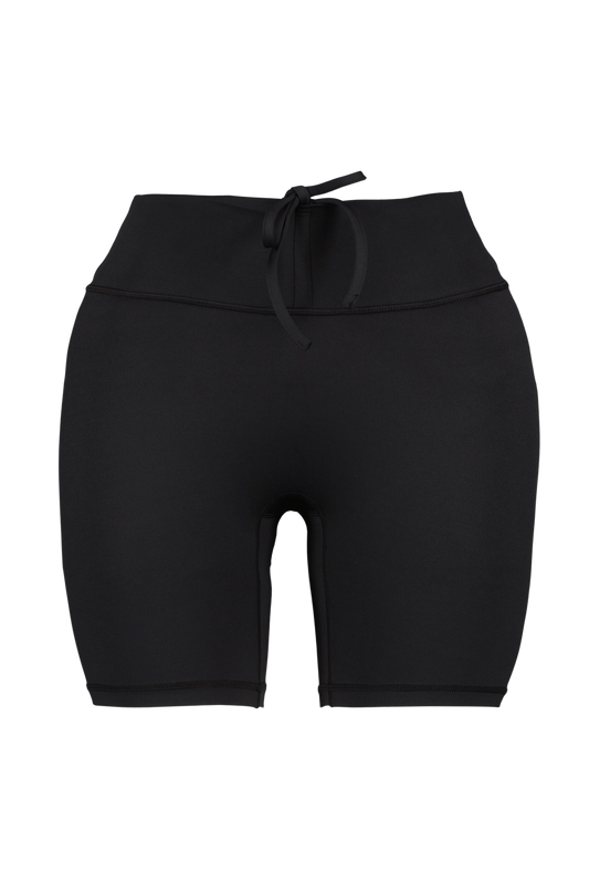 All black womens activewear gym shorts with back pockets and adjustable waistband front angle