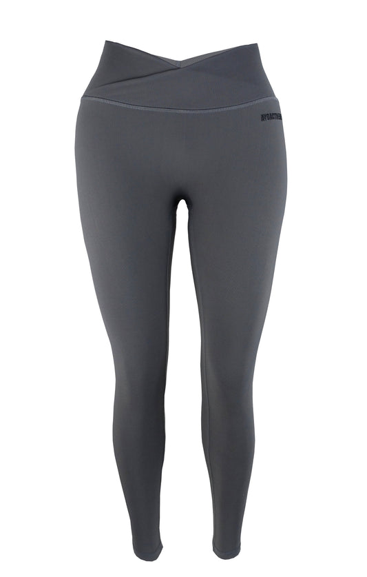 charcoal coloured ribbed v-back scrunch leggings with v waistband super trendy front angle mannequin