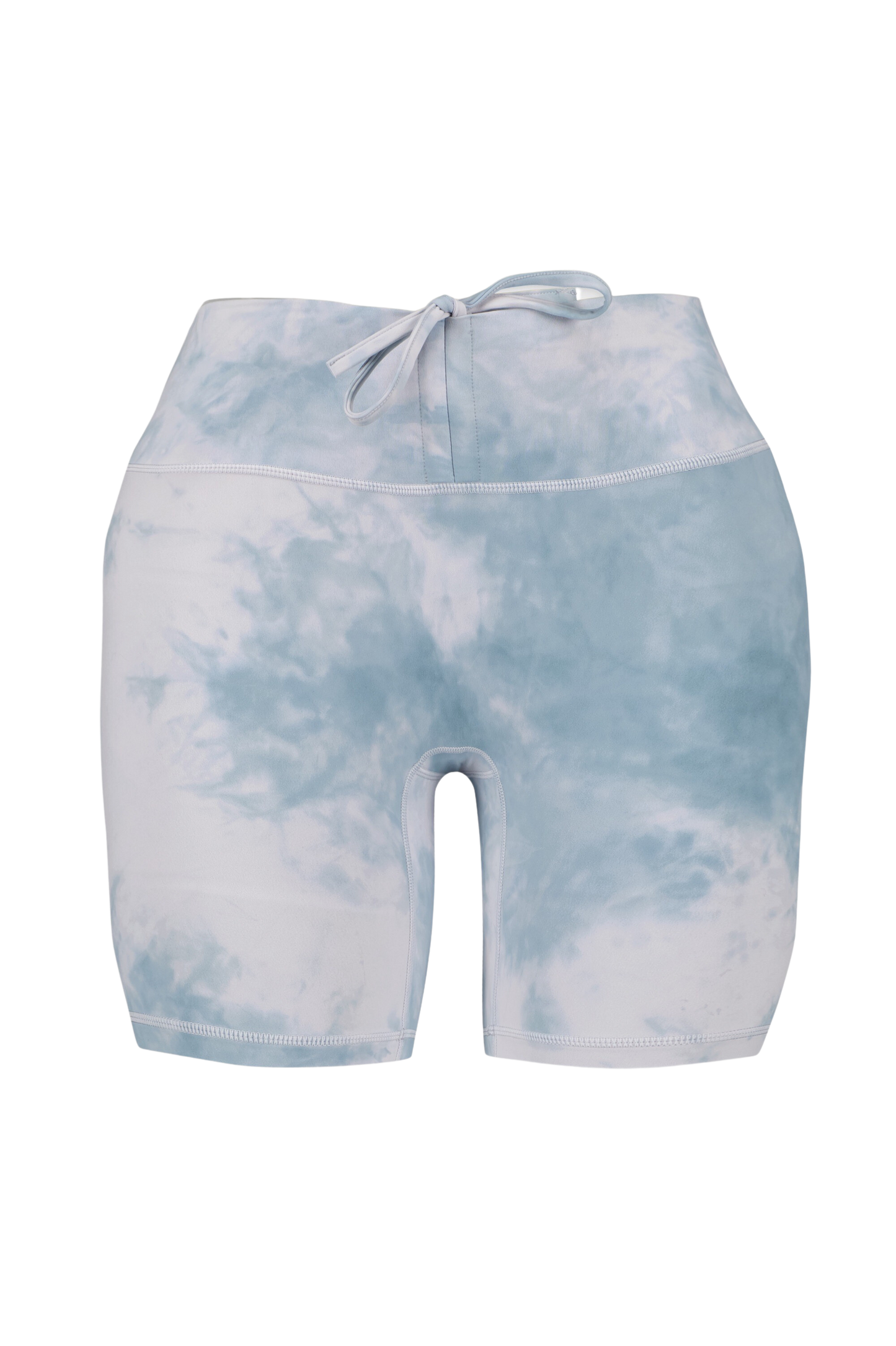 tie dye blue and white scrunch butt leggings with pockets and adjustable waistband front view