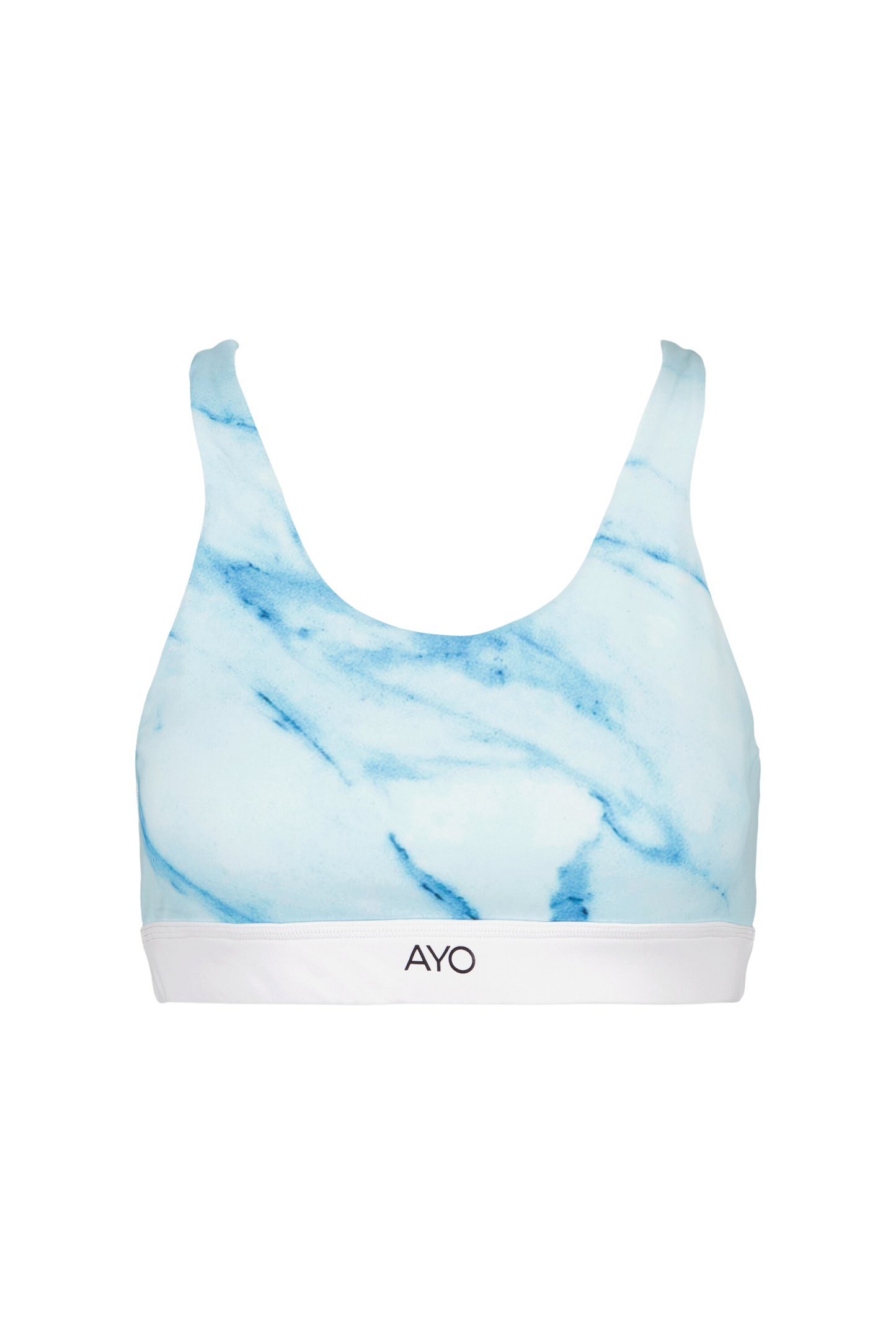 Womens activewear sports bra white and turquoise criss cross back front angle