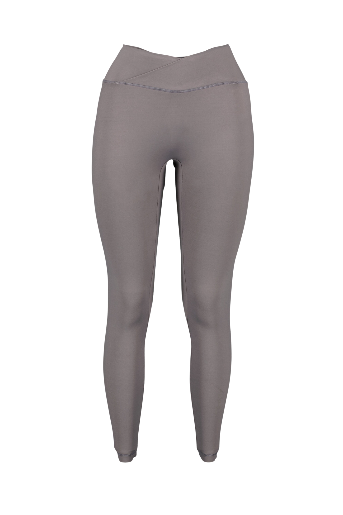 womens dark grey activewear gym leggings with no scrunch butt and v waistband front view