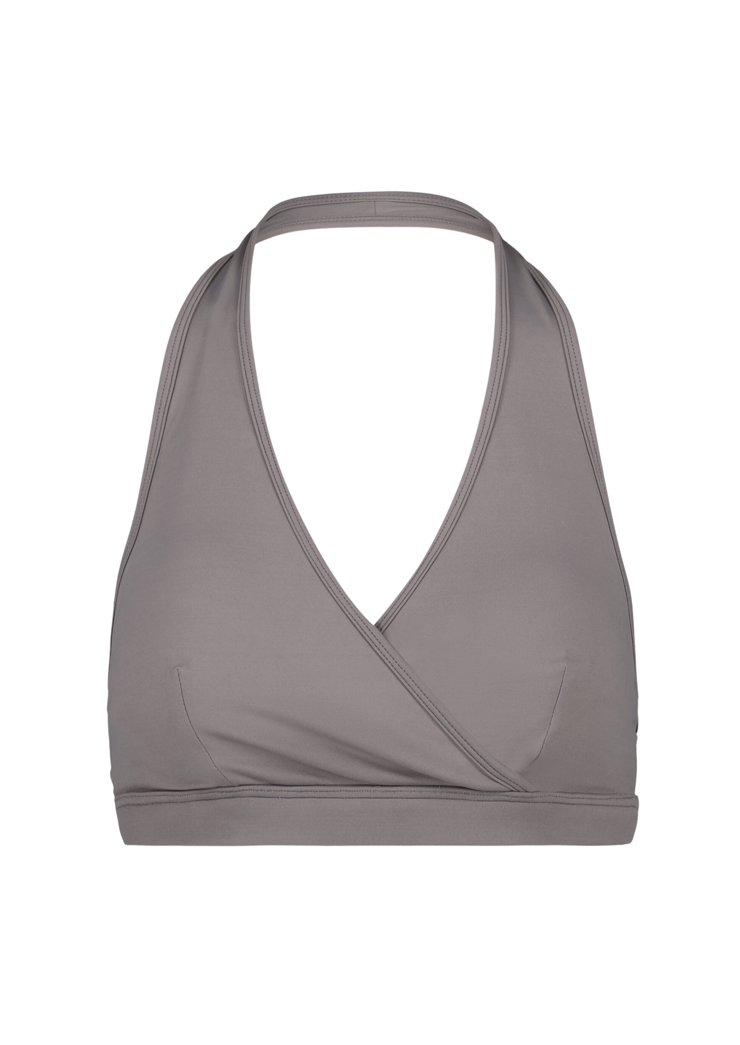 dark grey open back sports bra perfect for back days at the gym with super soft material and black logo front angle