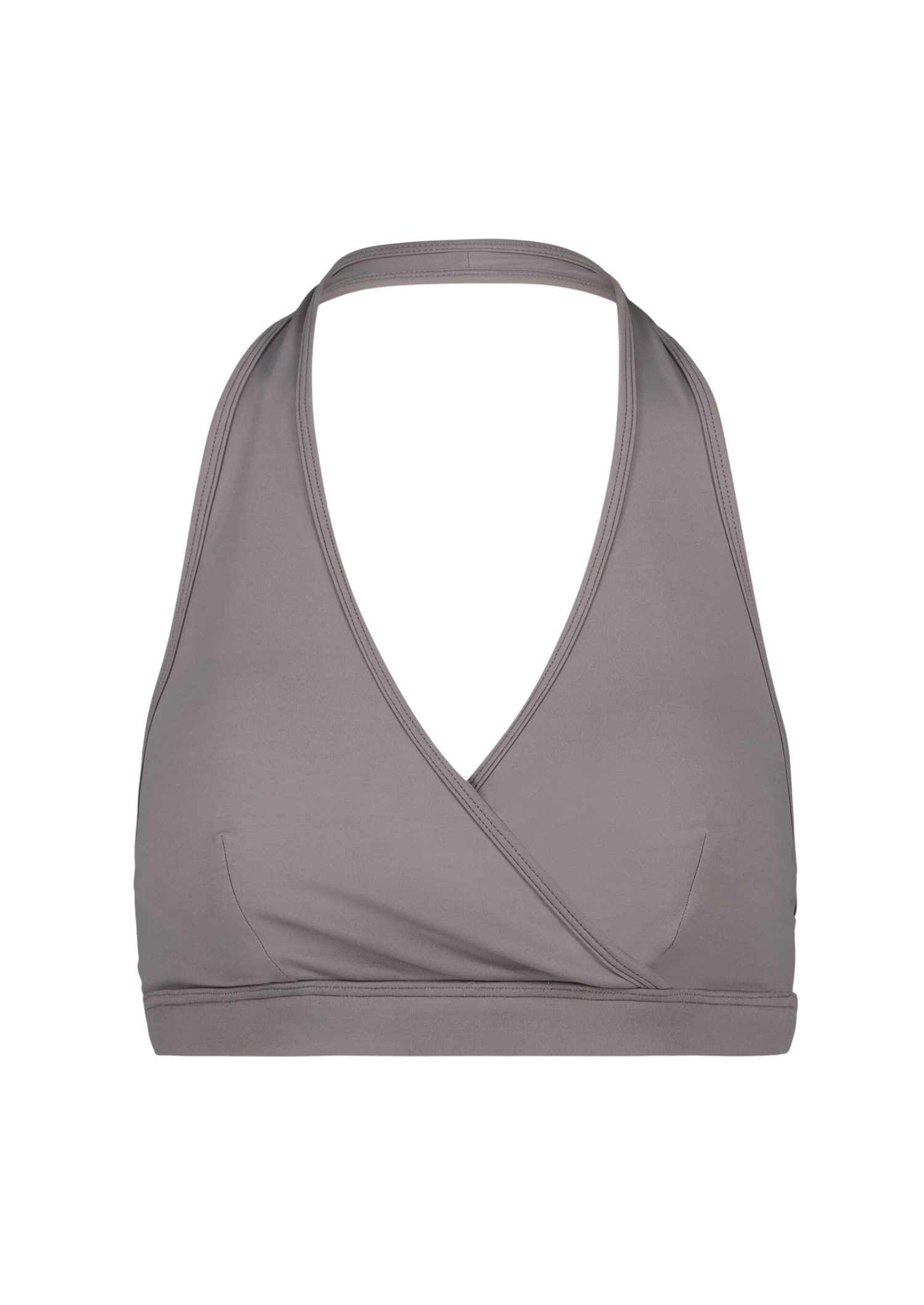 dark grey open back sports bra perfect for back days at the gym with super soft material and black logo front angle