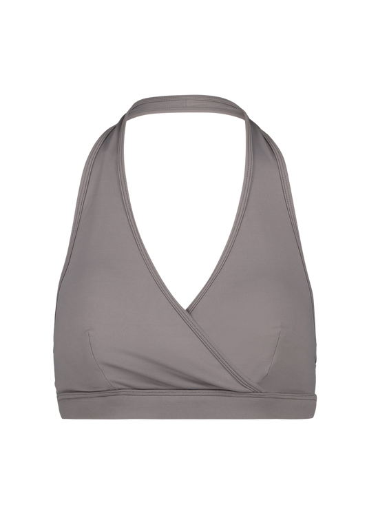 dark grey open back sports bra perfect for back days at the gym with super soft material and black logo front angle